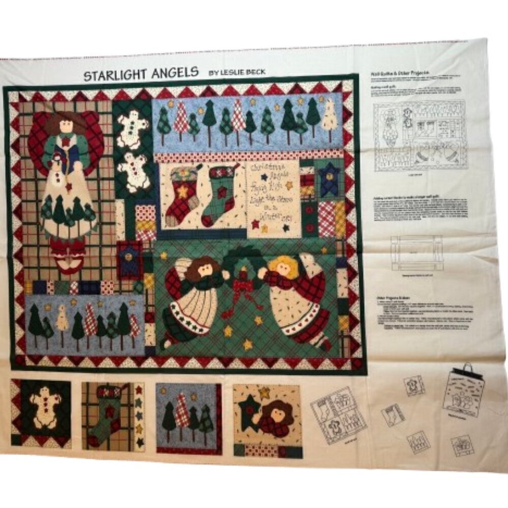 🛒 $7 Vintage Fabric DIY Material - 1 yard Christmas Prim Starlight Angels #130